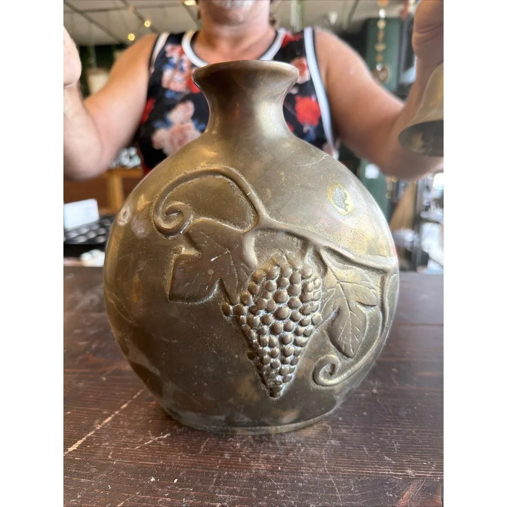 Vintage Solid Brass Hand Crafted Korean Jug Urn Vase Embossed Grapes